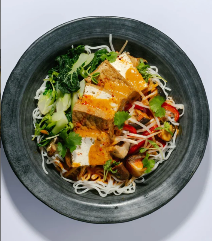 Tofu Laksa with Baby Bok Choy, Mushrooms, Coriander & Egg Noodles