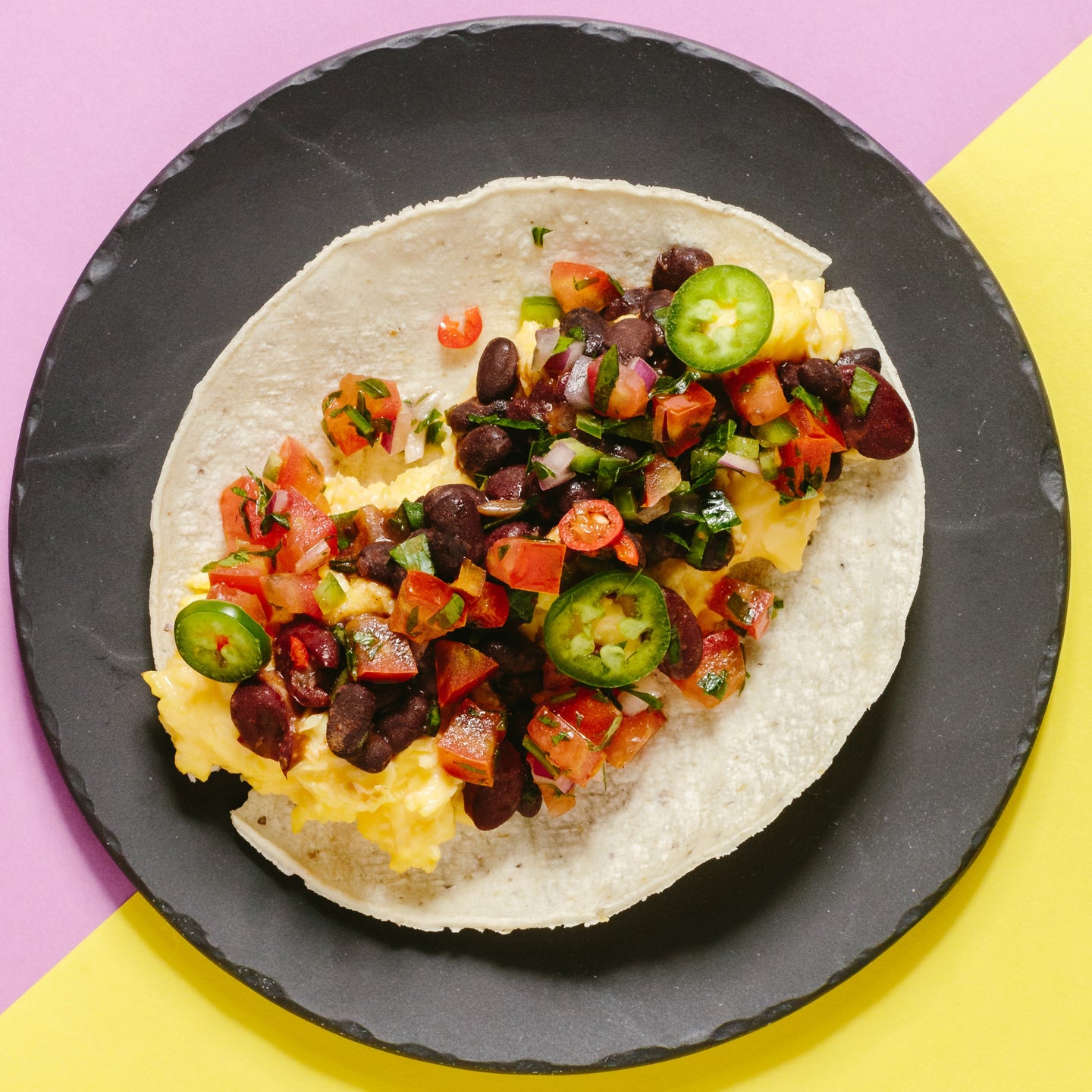Breakfast Burrito with Scrambled Eggs, Black Beans, Plant-Based Chicken Sofrito, Green Chili & Pico De Gallo