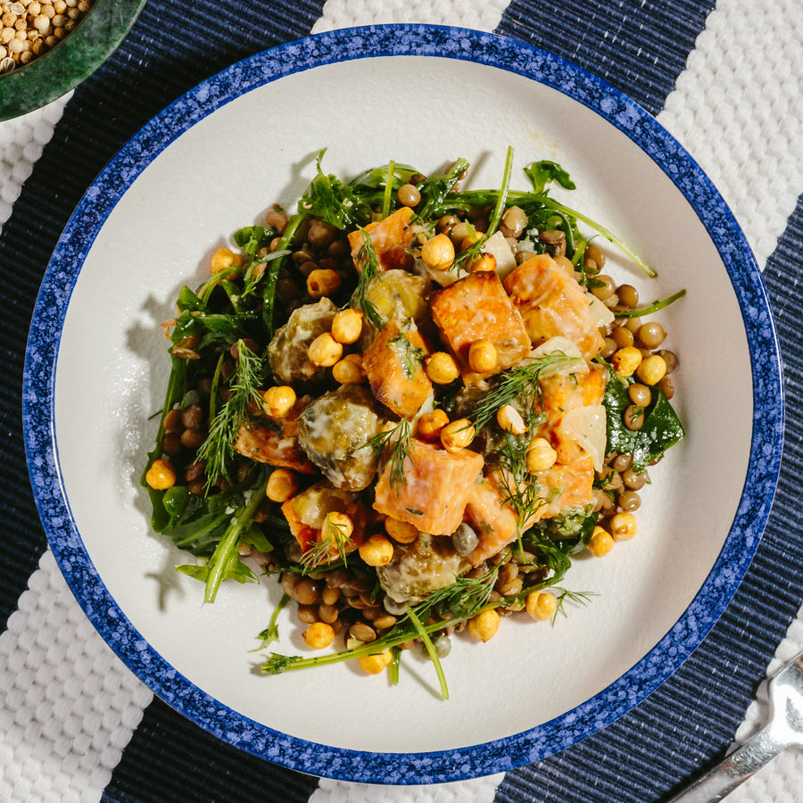 Miso & Maple Glazed Brussels Sprouts with Cripsy Chickpeas, Lentils & Sweet Potatoes