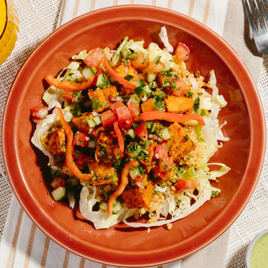 Loaded Quinoa Taco Salad with Roasted Sweet Potato, Pico de Gallo & Baja Dressing