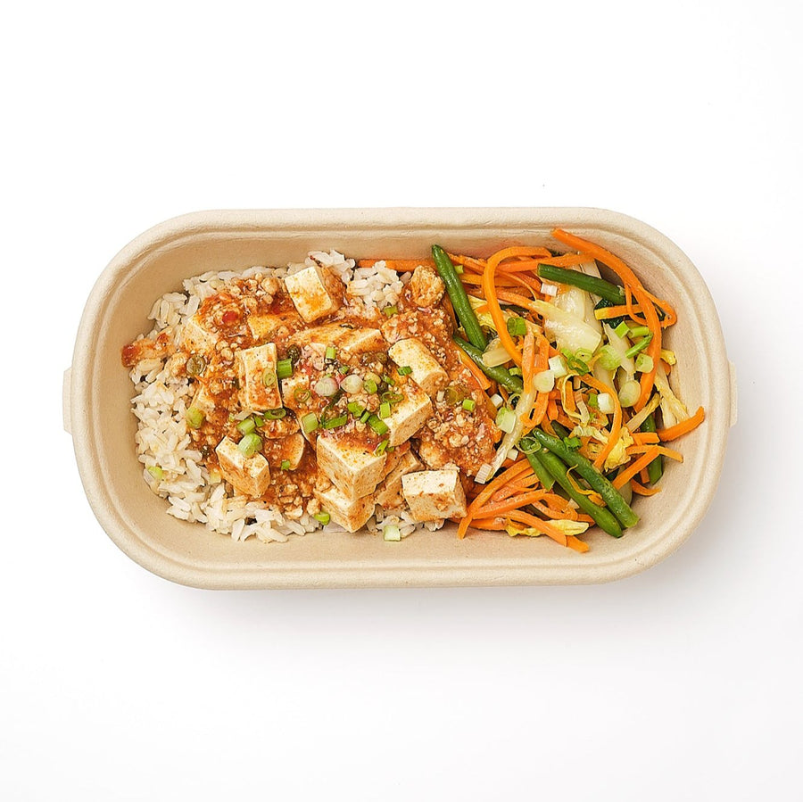 Chicken Ma-Po Tofu with Sauteed Cabbage, Bok Choi Carrots & Green Beans and Brown Rice