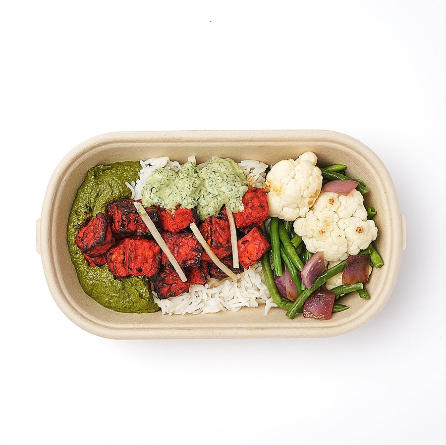 Tandoori Tempeh & Cauliflower with Steamed Green Beans  Roasted Onions, Palak, Mint Yoghurt & Basmati Rice