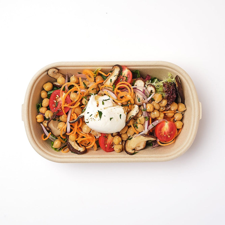 Chickpea & Mesclun Salad with Shiitake Mushrooms, Poached Egg & Soy Truffle Vinaigrette