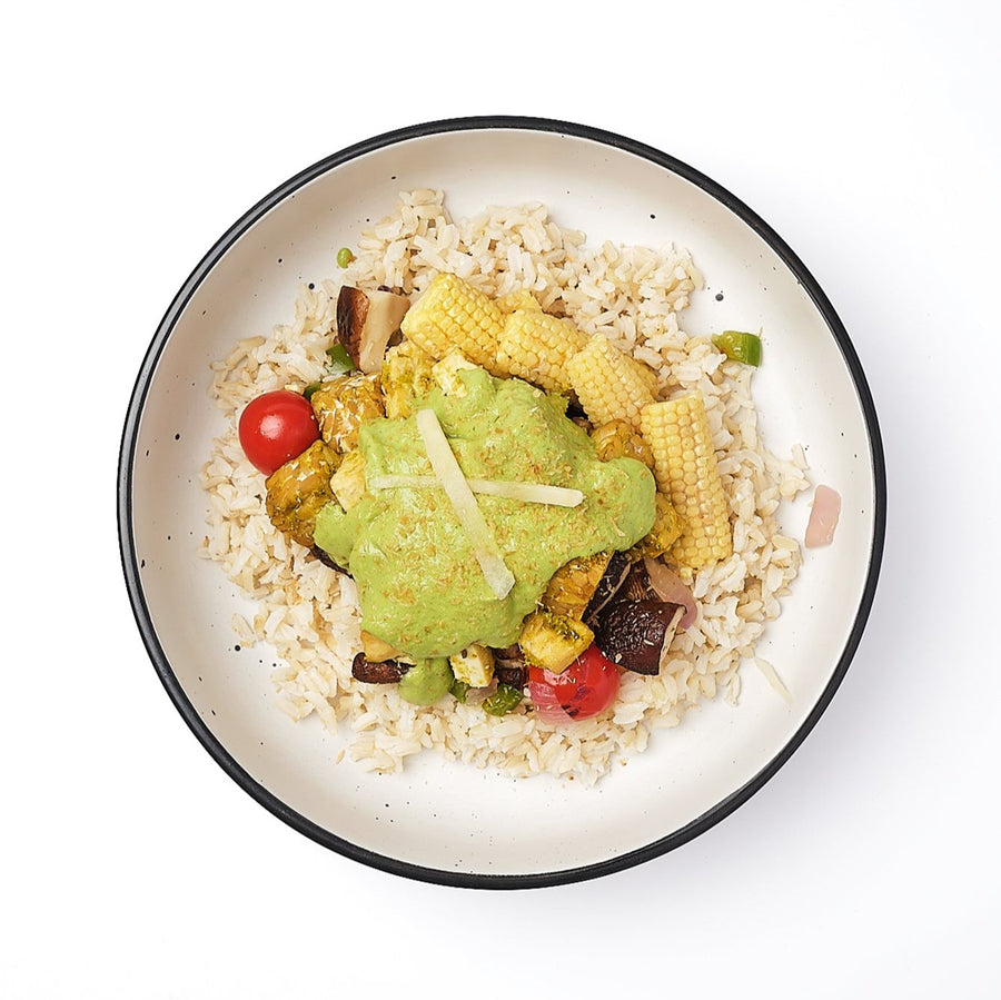 Low Fat Green Coconut Tempeh and Tofu Curry with Green Beans, Baby Corn, Mushrooms & Steamed Brown Rice