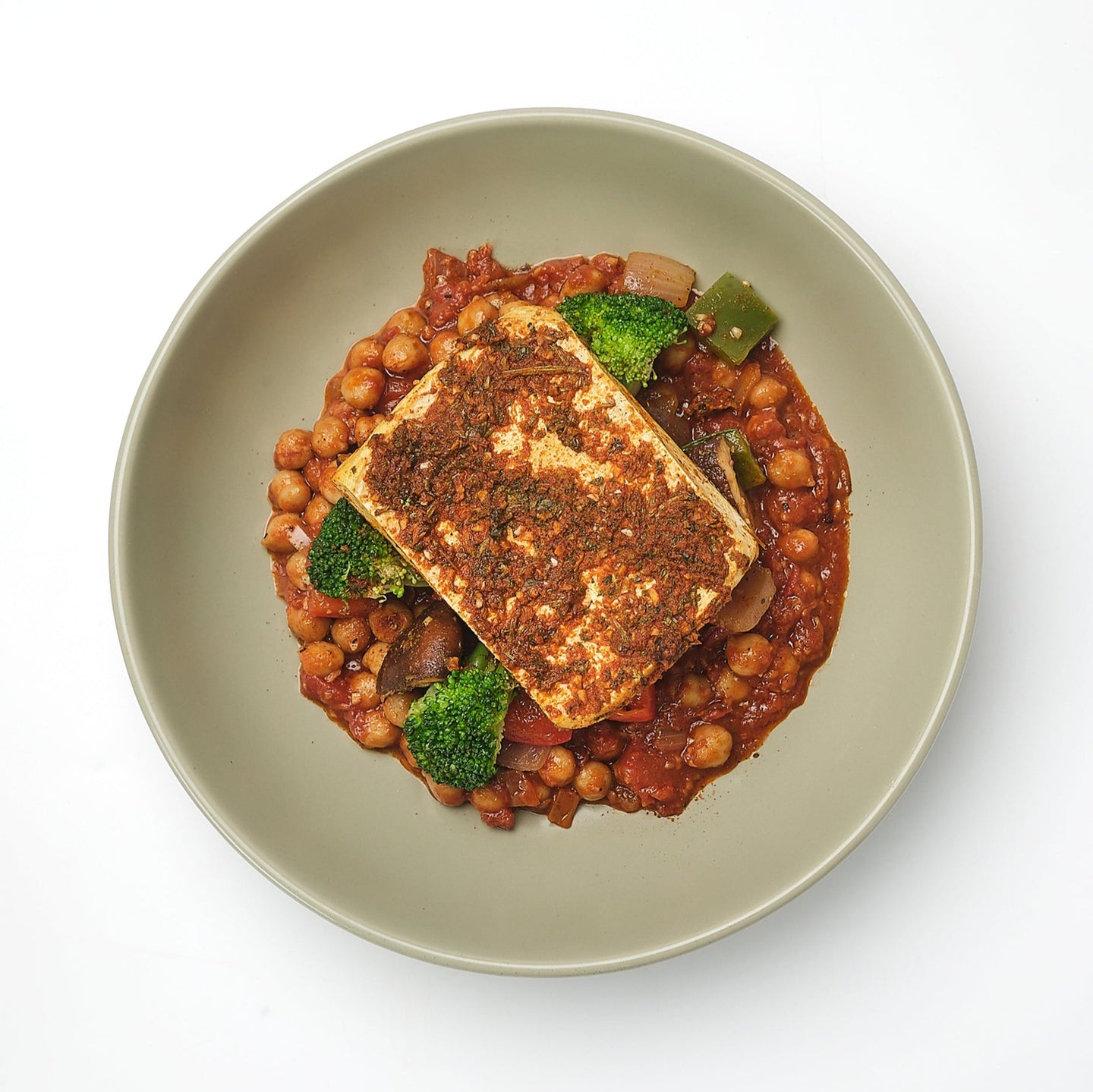 Tofu with Chermoula Marinade Roasted Moroccan Vegetables and Spiced Chick Pea