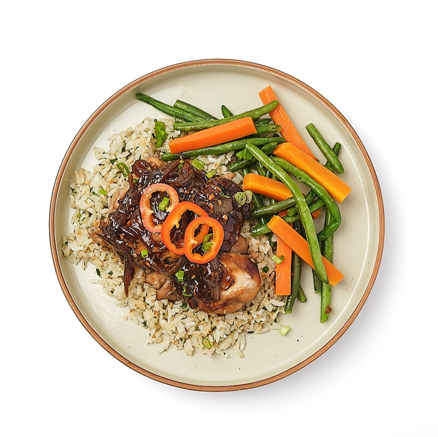 Chicken Adobo with Steamed Green Beans & Garlic Fried Rice