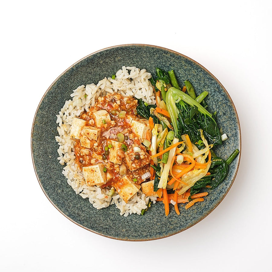 Chicken Ma-Po Tofu with Sauteed Cabbage, Bok Choi Carrots & Green Beans and Brown Rice