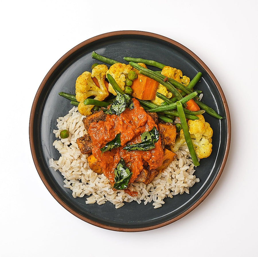 Goan Pumpkin Masala with Steamed Indian Vegetables and Brown Rice