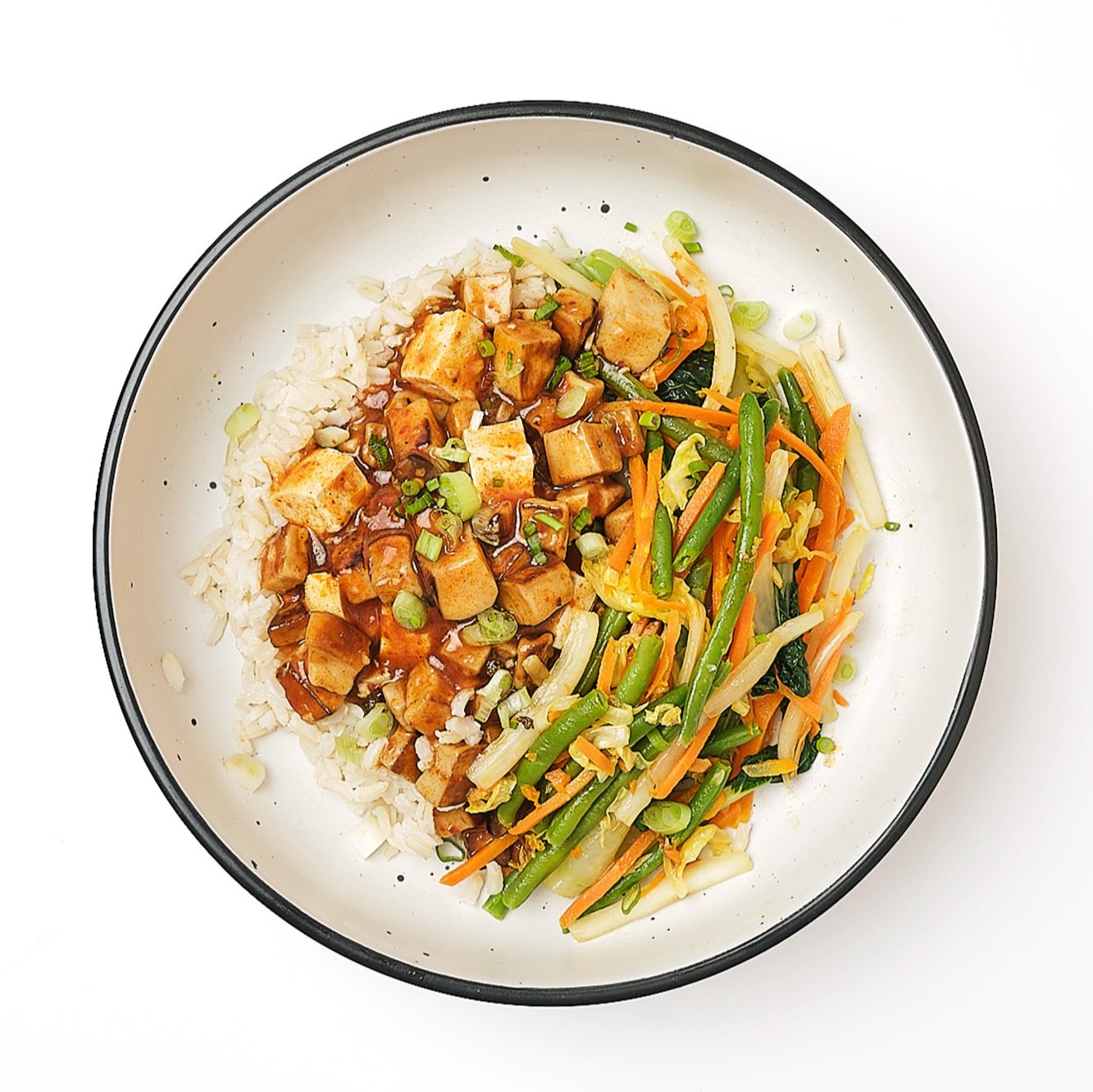 King Oyster Mushroom Ma-Po Tofu with Sauteed Cabbage, Bok Choy, Carrots, Green Beans & Steamed Brown Rice