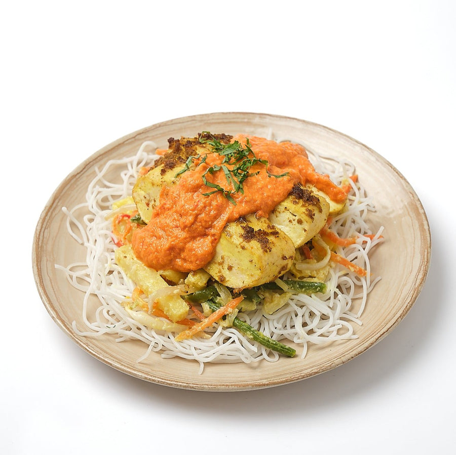 Low Fat Chili Baked Tofu Steak with Sayur Lodeh & Rice Vermicelli Noodles