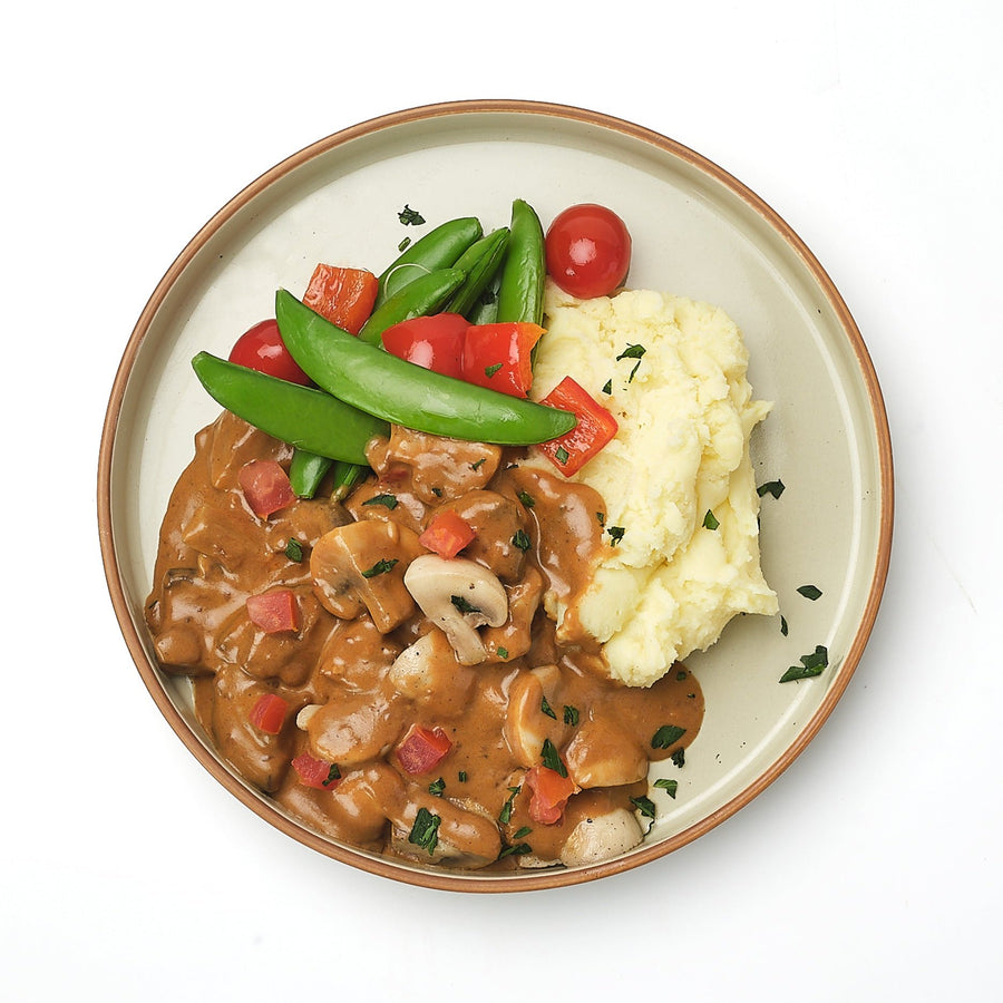 Mixed Mushroom Chasseur Stew with Roasted Mushrooms, Red Peppers & Snow Peas and Mashed Potatoes