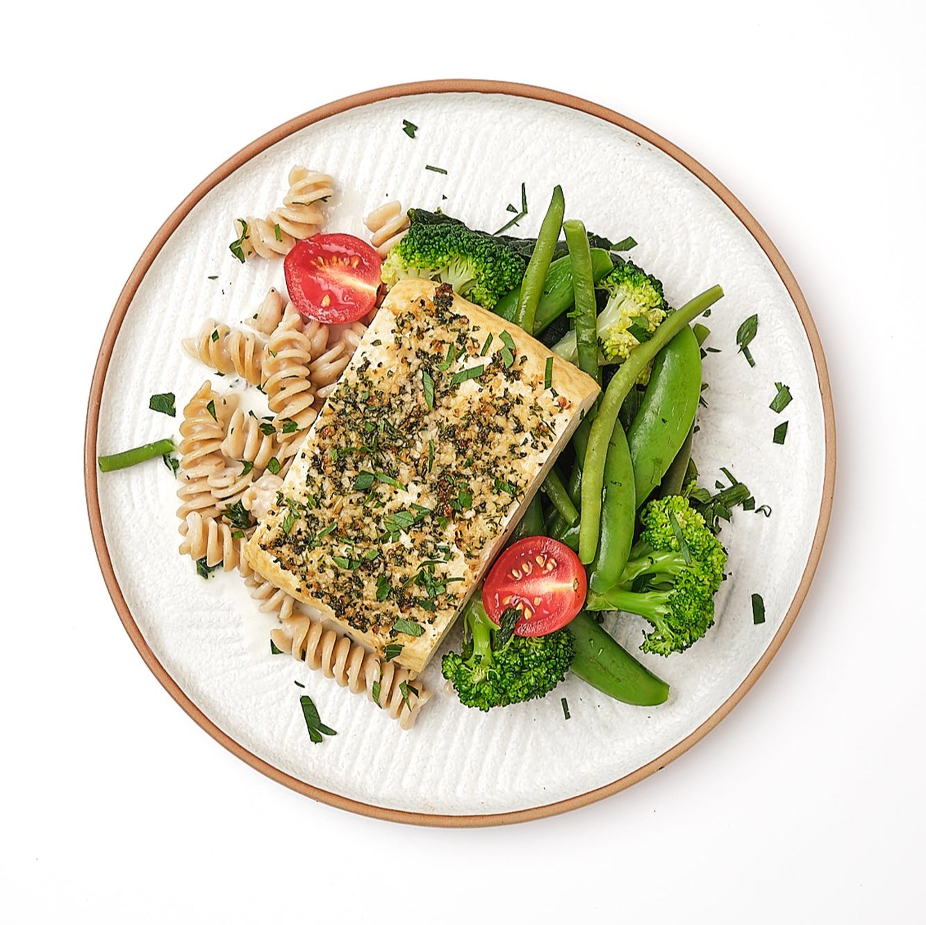 Oven Baked Garlic and Parmesan Tofu with Sauteed Green Market Vegetables & Lemon Fusilli