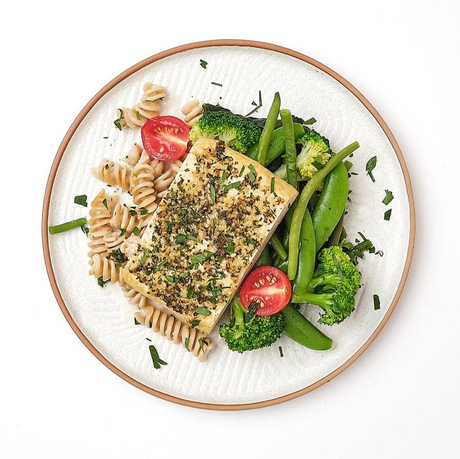 Oven Baked Garlic & Parmesan Tofu with Sauteed Green Market Vegetables & Lemon Fusilli