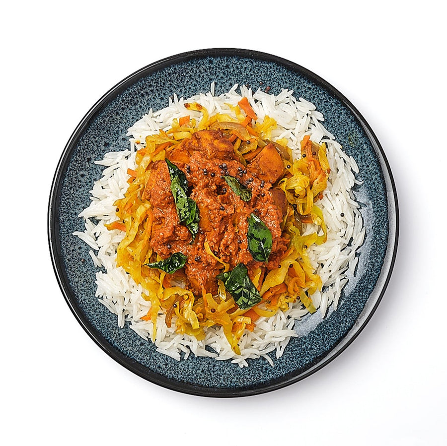 Pumpkin Vindaloo with Stir Fried Turmeric Cabbage & Steamed Jeera Rice