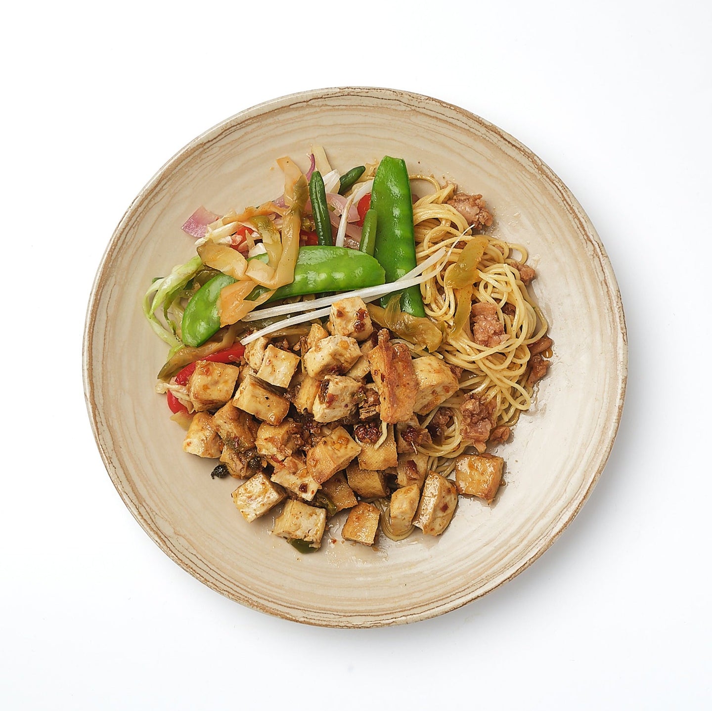 Taiwanese Basil Tofu with Braised Napa Cabbage, Carrots, Tofu Skin & Egg Noodles