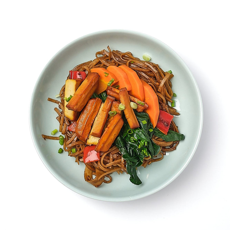 Stir Fry Tofu with Kai Lan, Carrots, Red Peppers  & Flat Rice Noodles