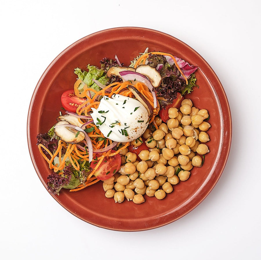 Chickpea & Mesclun Salad with Shiitake Mushrooms, Poached Egg & Soy Truffle Vinaigrette