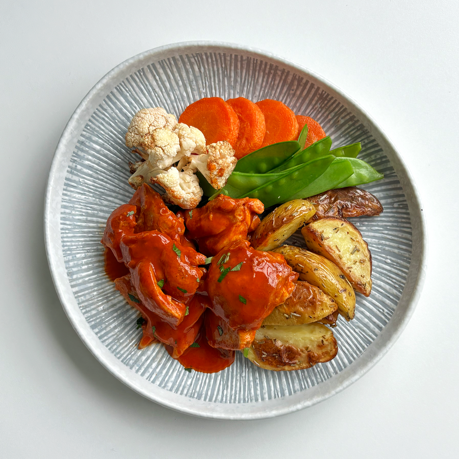 Buffalo Chicken with Roasted Cauliflower, Carrots Snow Peas, Blue Cheese Buttermilk Dressing and Roast Rosemary Potato