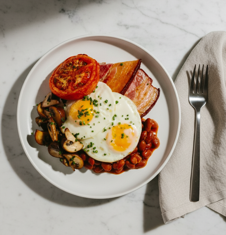 English Breakfast with Sunnyside Eggs Sauteed Mushrooms, Roasted Tomatoes & House Baked Beans