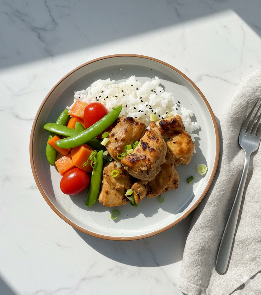 Burnt Miso Chicken with Roasted Eggplant, Sugar Bean & Japanese Rice