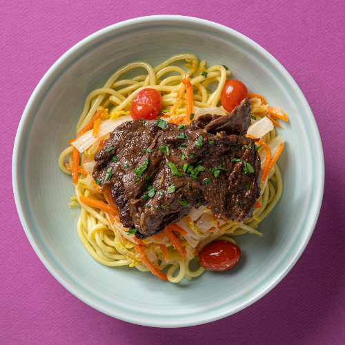 Korean Marinated Beef with Braised Young Cabbage, Roasted Cherry Tomatoes & Doenjang Dressing and Wonton Noodles