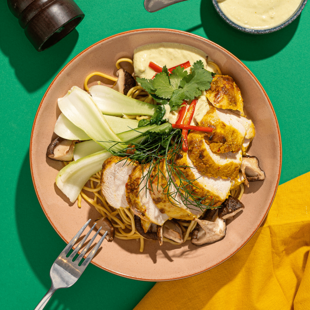 Chicken Laksa with Baby Choy Sum, Mushrooms, Coriander & Egg Noodles