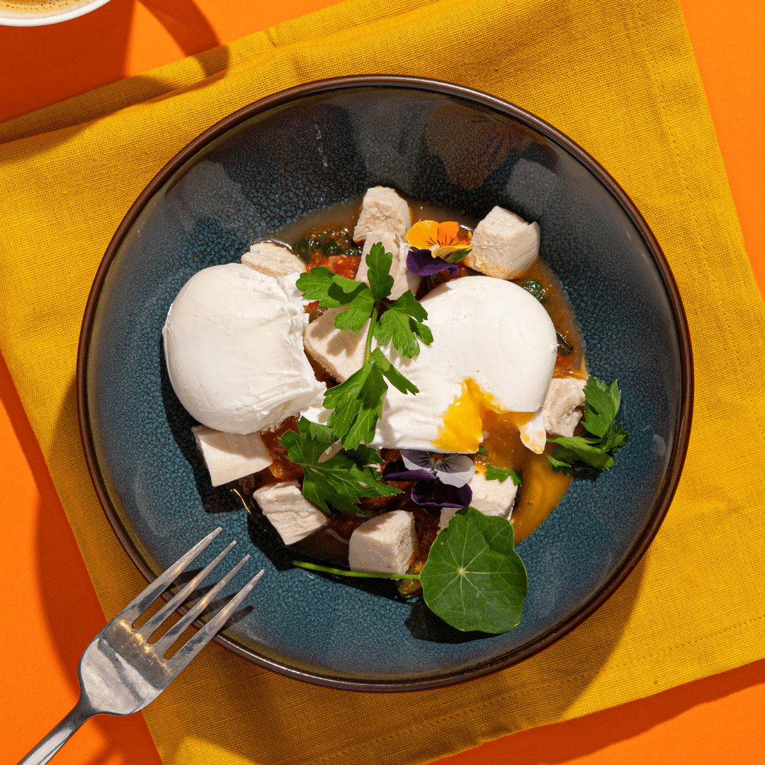 Poached Eggs in Moroccan Style Low Fat Tomato Sauce with Lean Chicken, Spinach & Zucchini