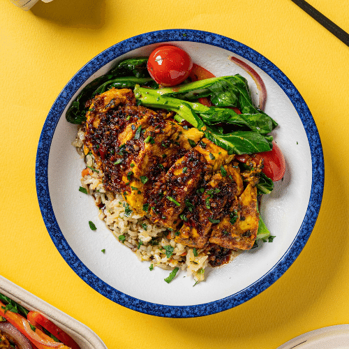 Ginger & Garlic Marinated Chicken Breast with Shredded Cabbage, Red Peppers & Choy Sum and Vegetables Fried Rice