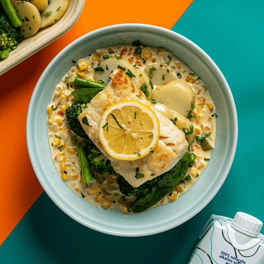 Steamed Halibut with Clam Chowder Sauce & Steamed Green Vegetables