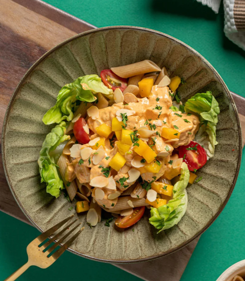 Coronation Chicken Salad with Pickled Mango, Gem Lettuce and Penne Pasta