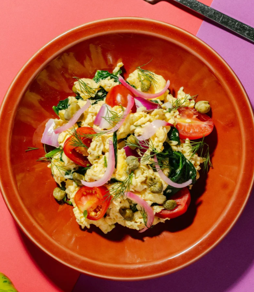 Scrambled Egg Toss with Rocket Lettuce, Fresh Herbs, Capers, Pickled Red Onion, Cherry Tomato & Spinach
