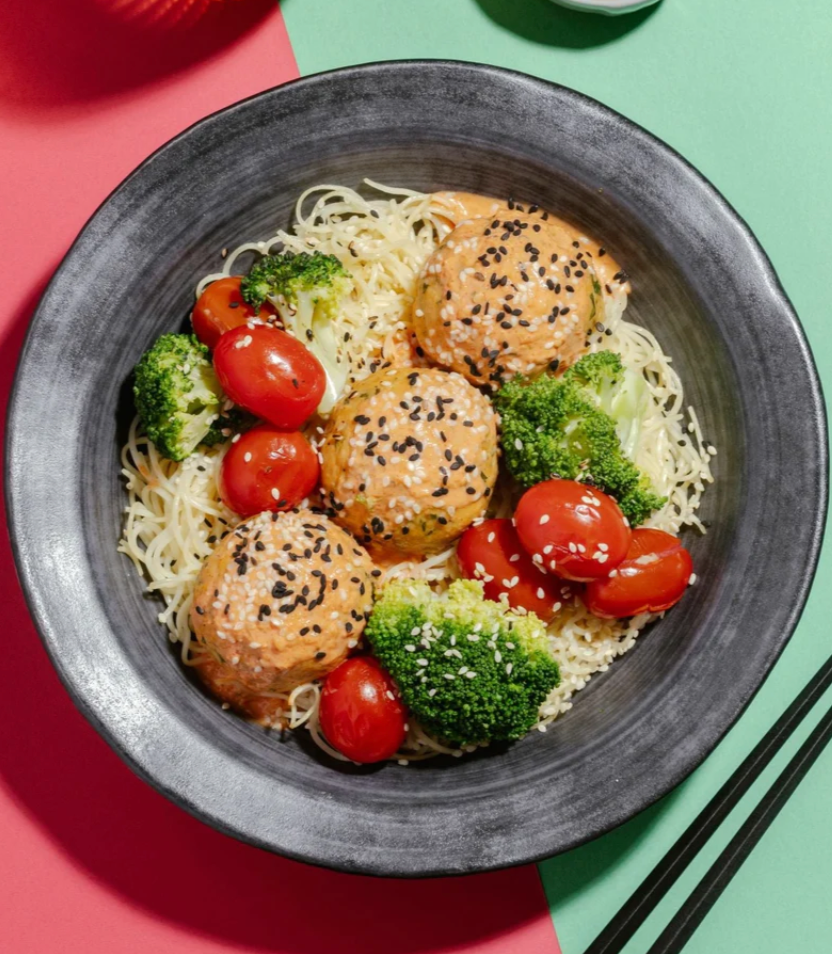 Sweet & Spicy Gochujung Sesame Chicken Meatballs with Charred Broccoli & Cherry Tomatoes and Egg Noodles