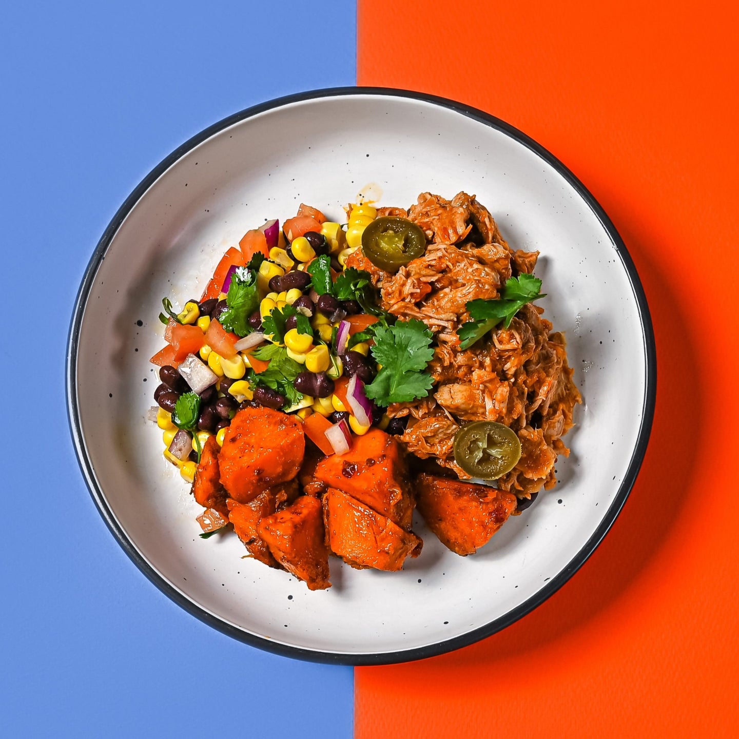 Pulled Pork with Mexican Street Corn, Queso, & Chipotle Lime Roasted Sweet Potatoes