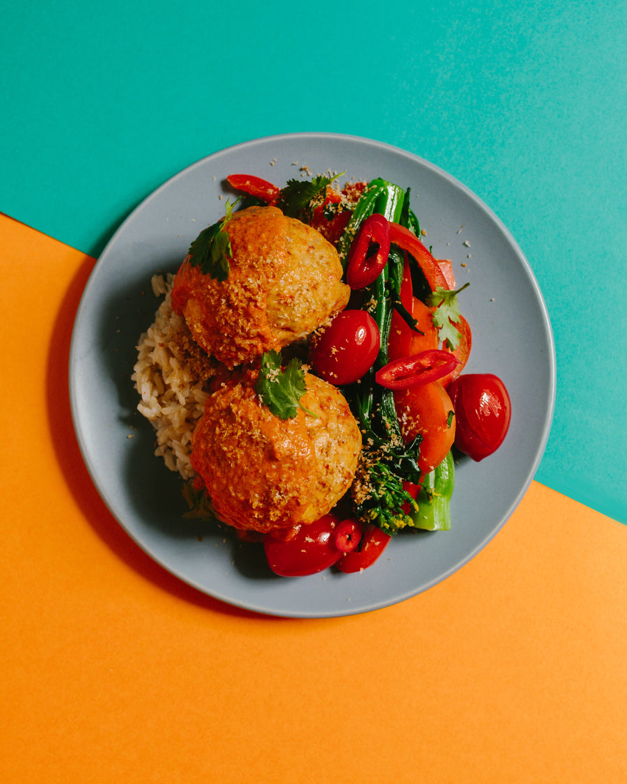 Changmai Style Pork Meatballs with Coconut Red Curry Sauce and Thai Stir Vegetables