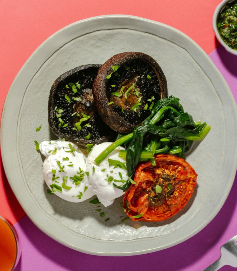 Roasted Portobello Mushroom & Poached Eggs with Spinach, Herb Roasted Tomato & Chimichurri