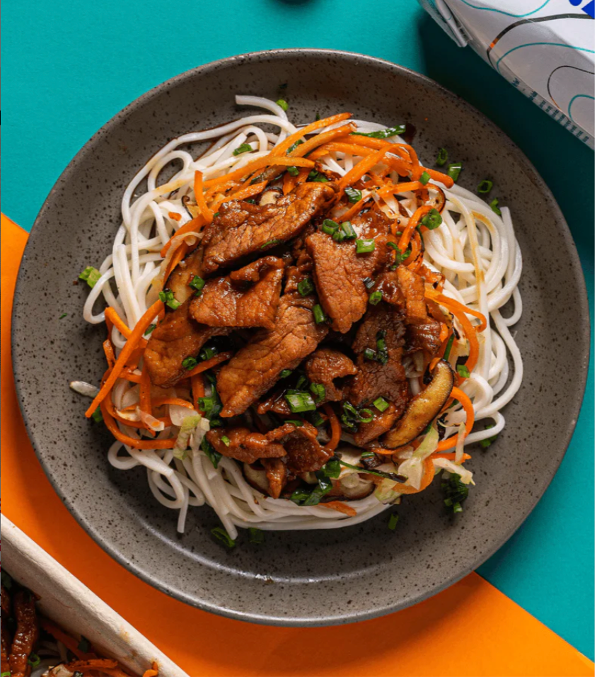 Moo Shu Pork Stir Fry with Shredded Cabbage, Choy Sum & Carrots and Wonton Noodles