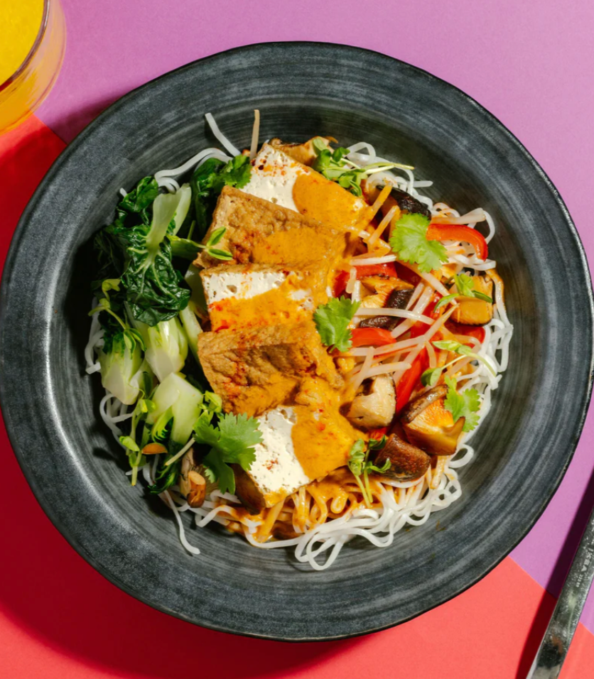 Vegetable Laksa with Tofu, Bok Choy, Shiitake Mushrooms, Chili Oil & Egg Noodles