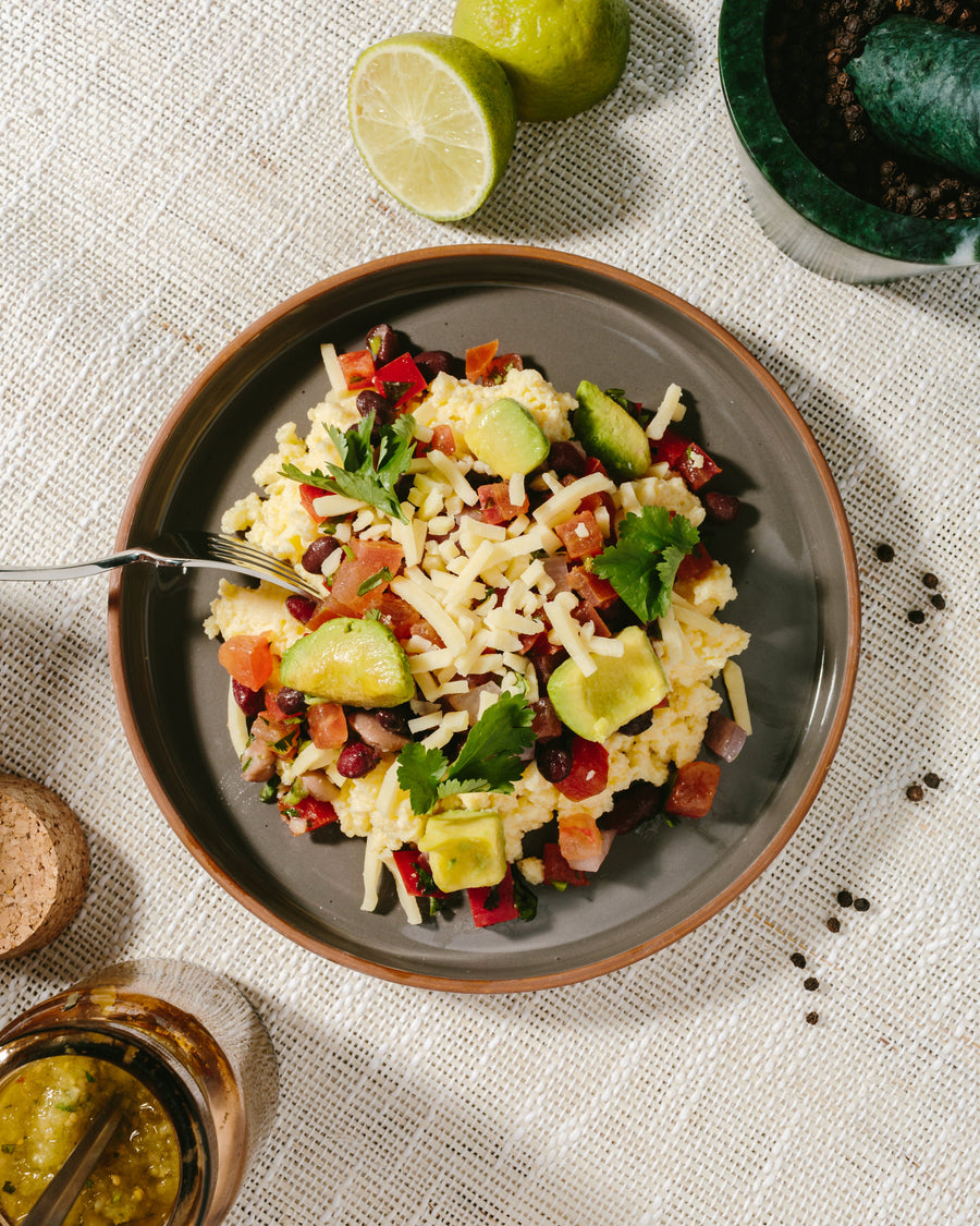 Tex Mex Egg Scrambled with Mixed Beans, Avocado, Cheddar Cheese, Tomato & Salsa Verde