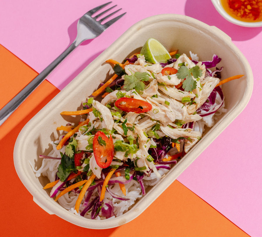 Vietnamese Lemongrass & Kaffir Lime Chicken Bowl with Vegetable Slaw, Fresh Herbs, Nuoc Cham and Rice Noodles